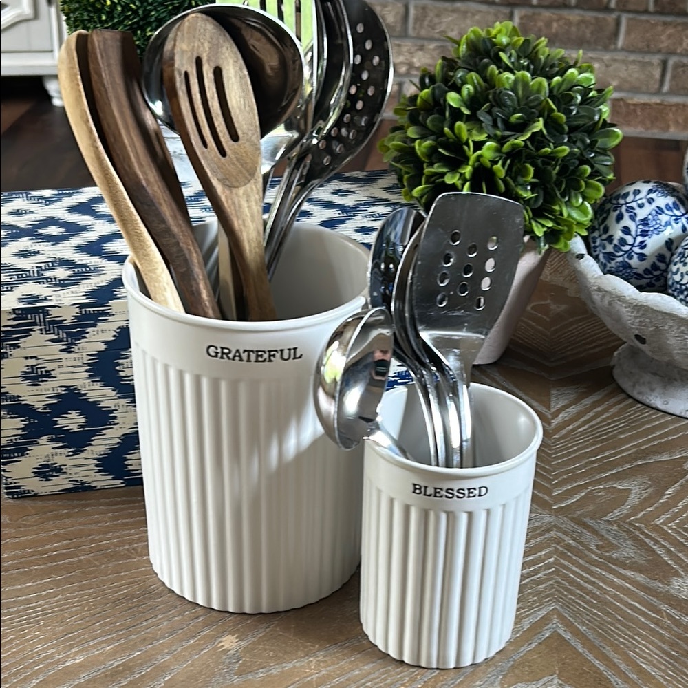 NEW! Bohemian Farmhouse Blessed & Grateful Ceramic Utensil Holder Set